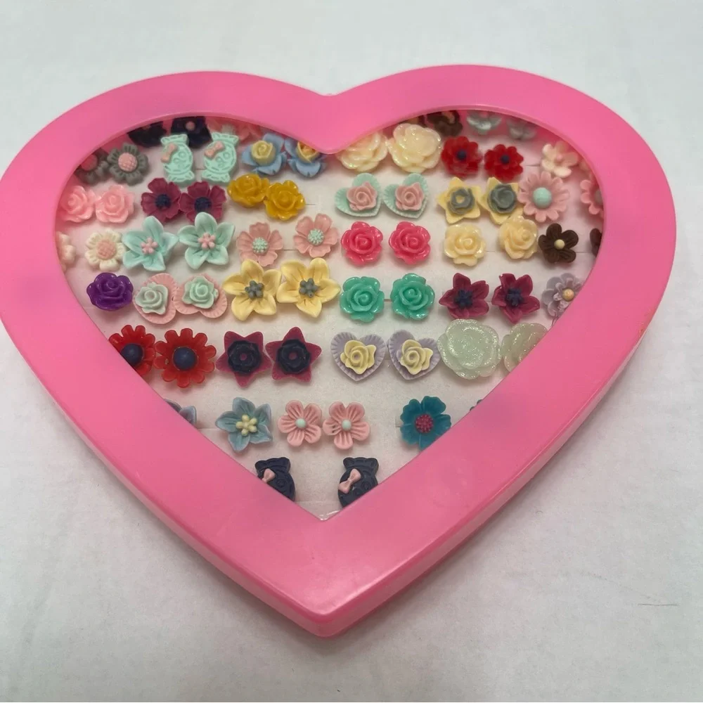 Kids Valentines Flowers Earrings Set Plastic Stud, Gift Boxed (36 Pairs) - Picture 1 of 6